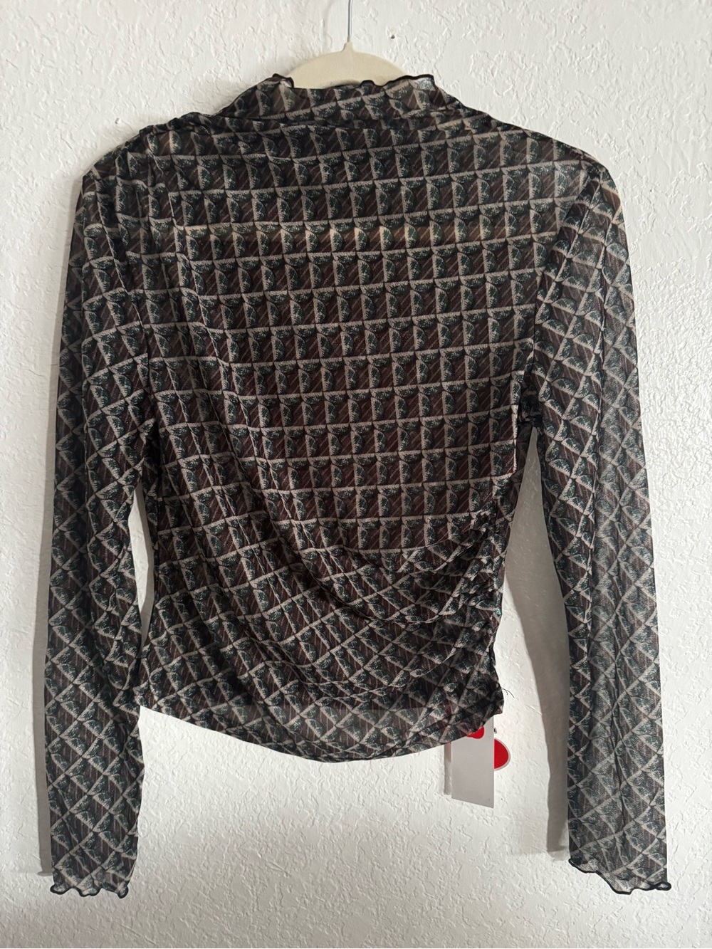 NWT Cider Sheer Geometric Ruched Mesh Long Sleeve Top